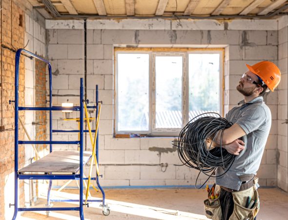 An electrician in a hard hat looks at the wall while holding an electric cable.